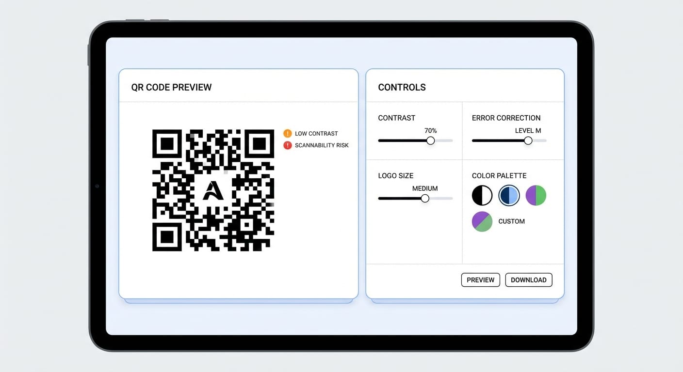 Designer UI panel adjusting QR code contrast, error correction, and logo placement sliders