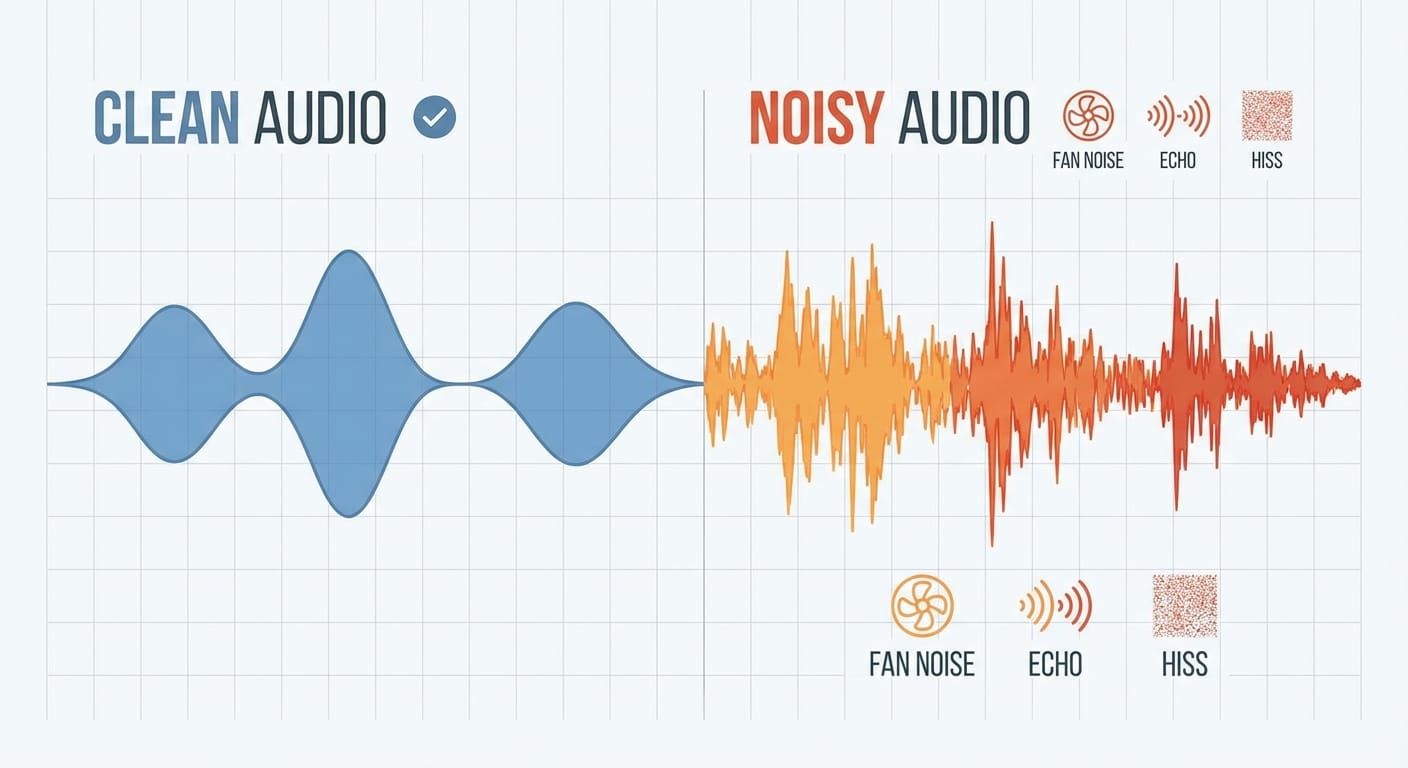 Side-by-side waveforms comparing clean voice audio versus noisy recording with hiss and echo