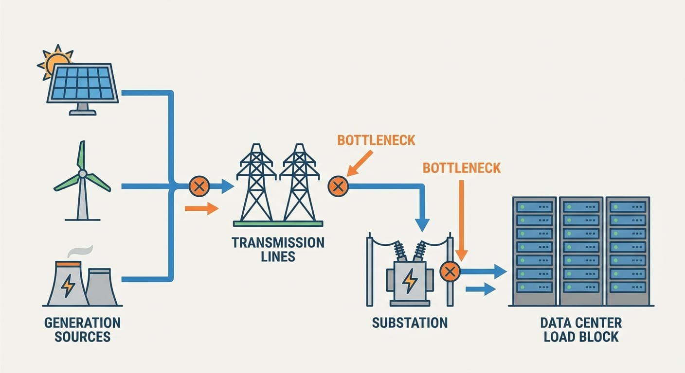 Simple grid diagram from generation to transmission to substation and data center