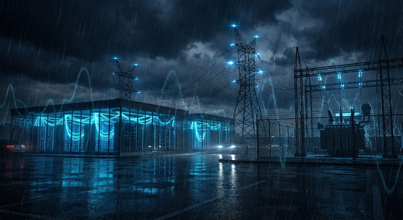 AI data center at night with power lines and a lit utility substation