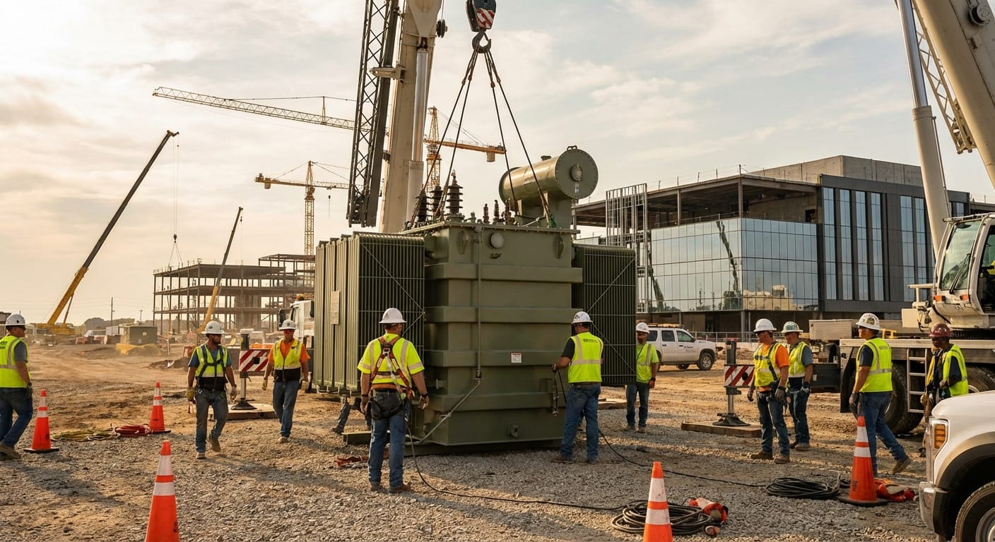 Workers installing a large transformer at a new data center electrical substation