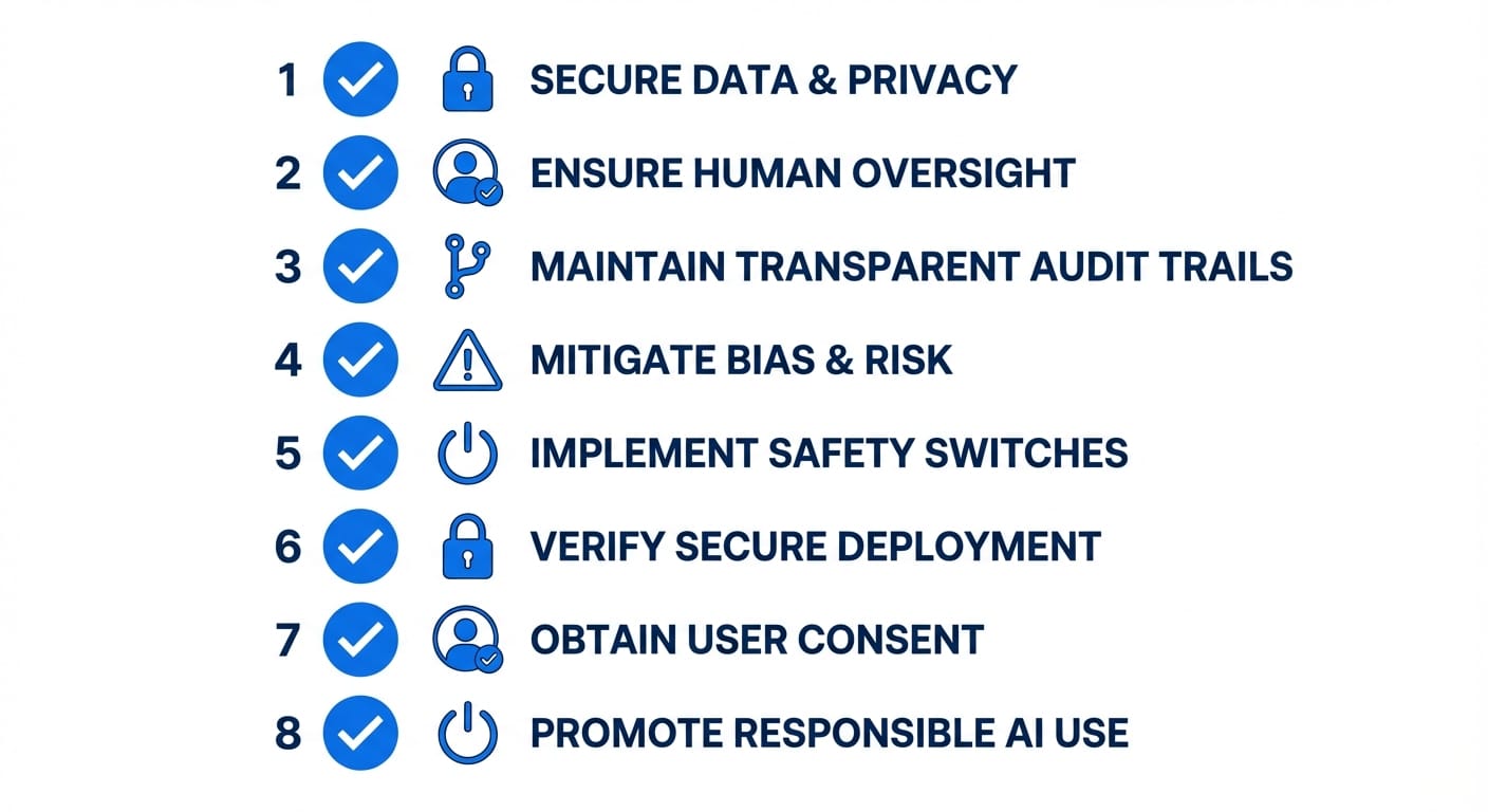 Infographic showing eight AI rules as numbered icons in a checklist layout