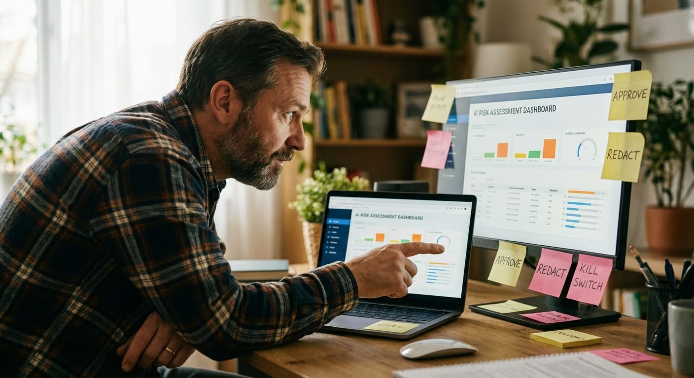 Person reviewing an AI dashboard with risk alerts and approval workflow steps