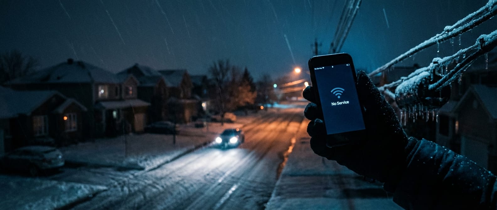 Person holding a phone with no service icon near snowy street and power lines