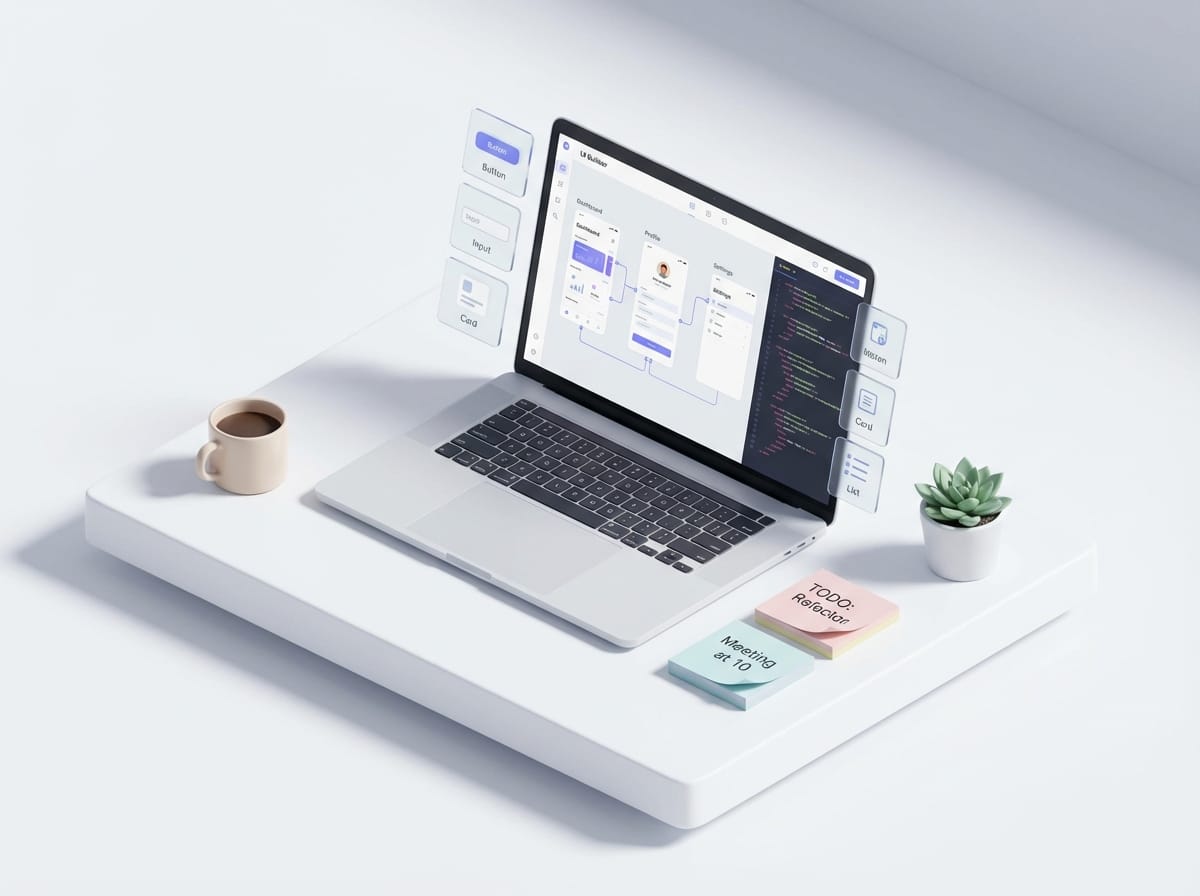 Developer at a laptop reviewing AI-generated app UI screens and code side-by-side