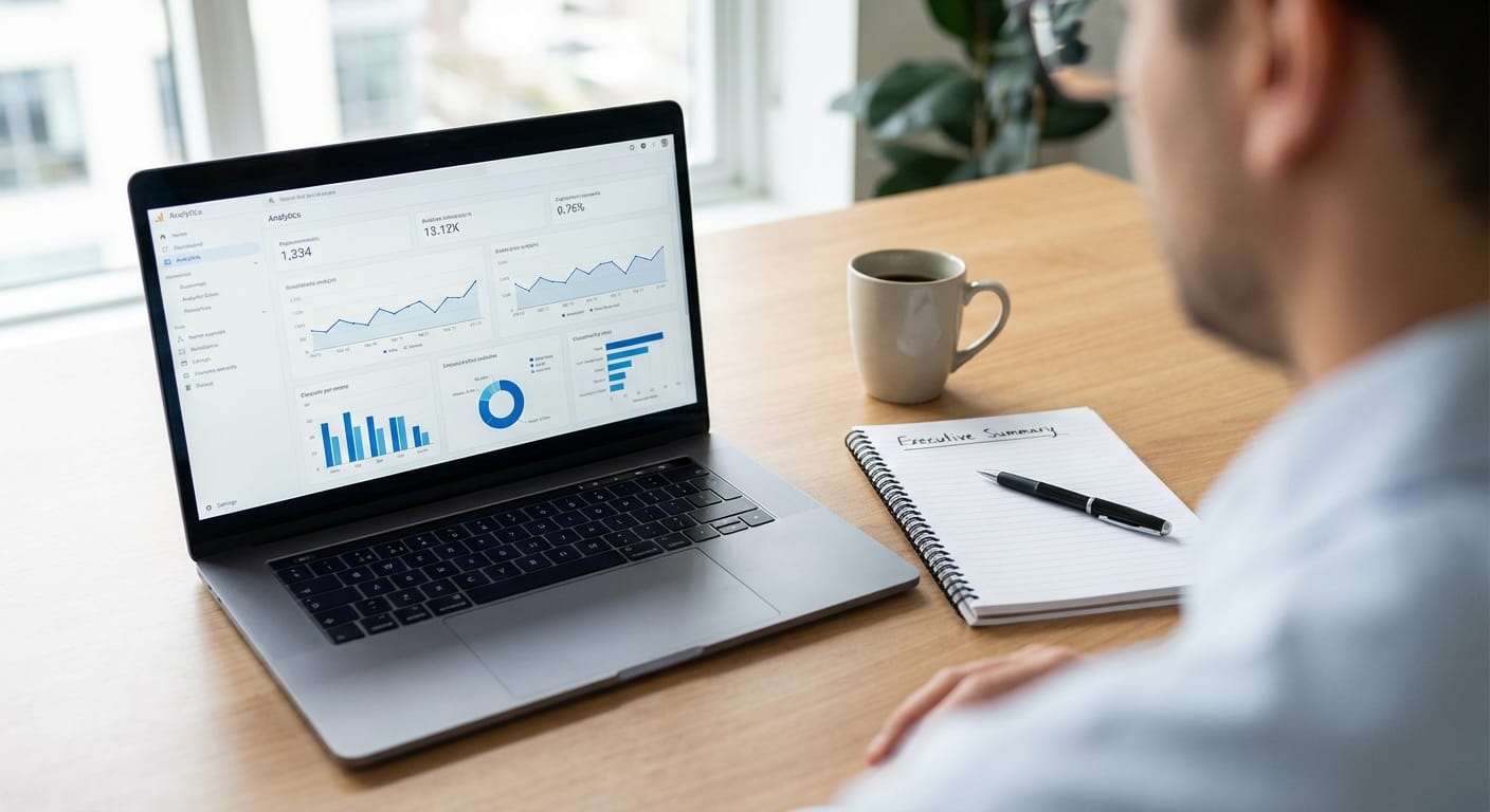 Laptop displaying a dashboard next to a notepad labeled executive summary on desk