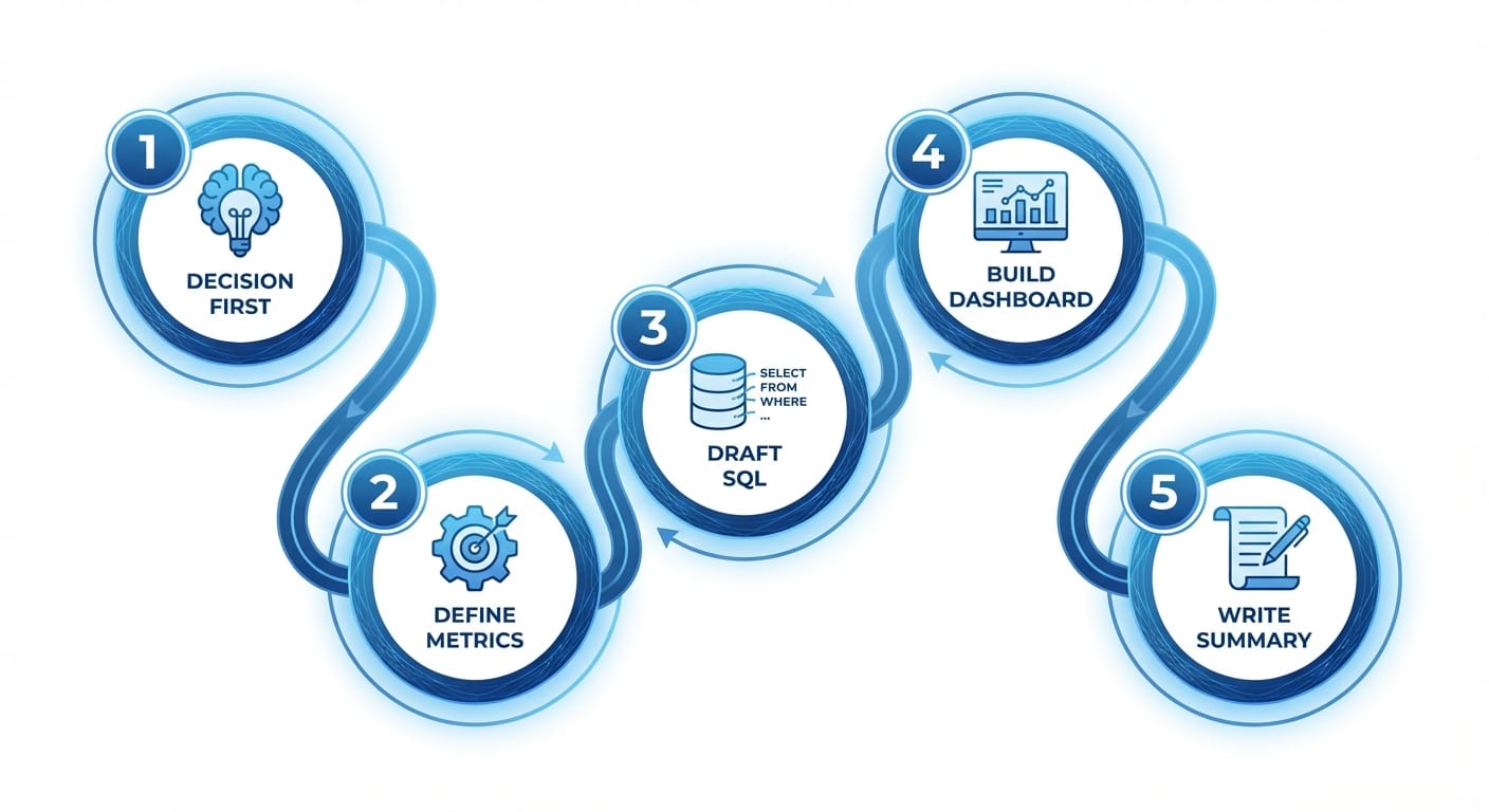 Infographic showing five steps for building dashboards with Gemini in numbered circles