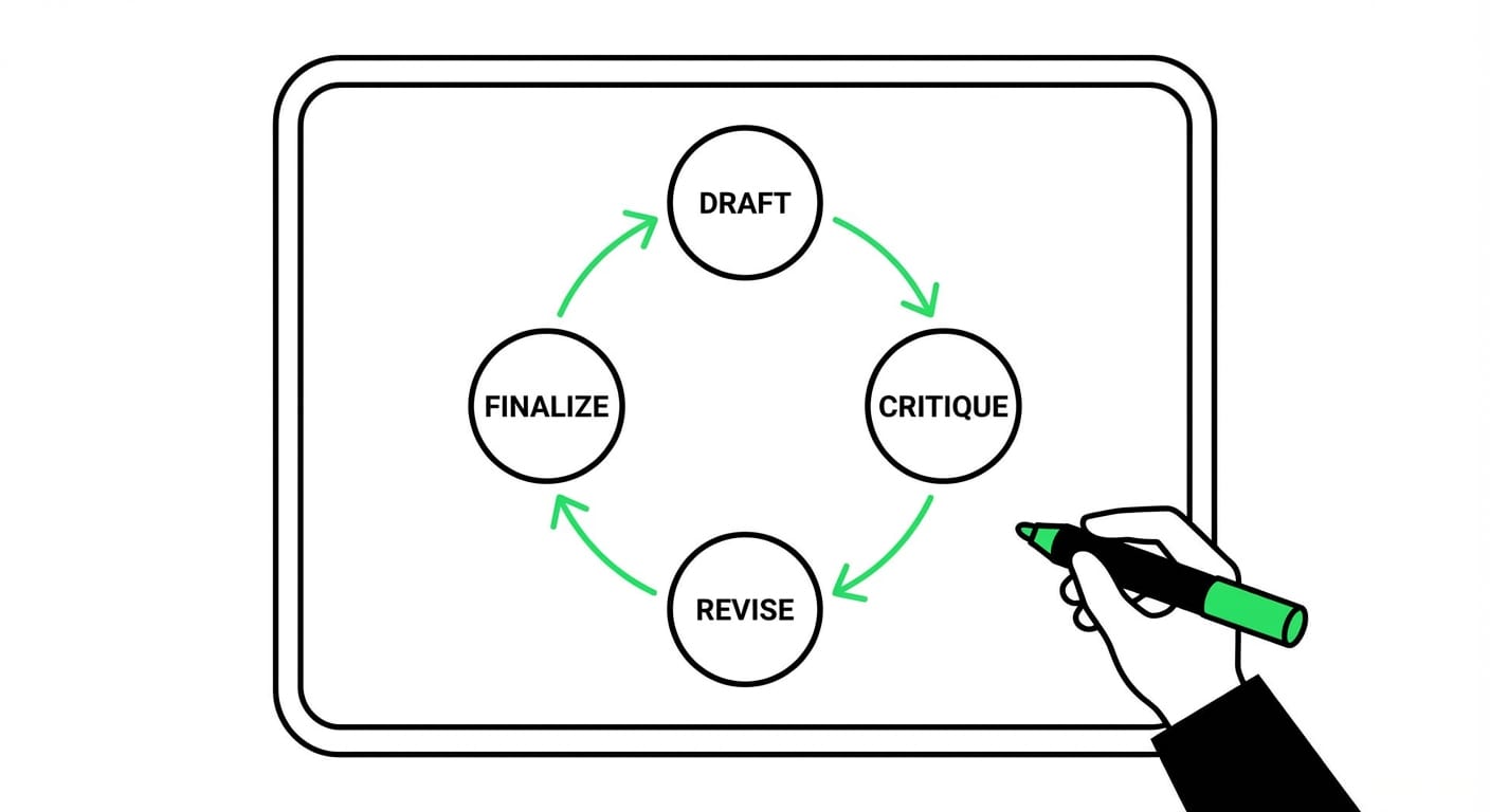 Whiteboard loop diagram showing draft, critique, revise, and finalize connected by arrows