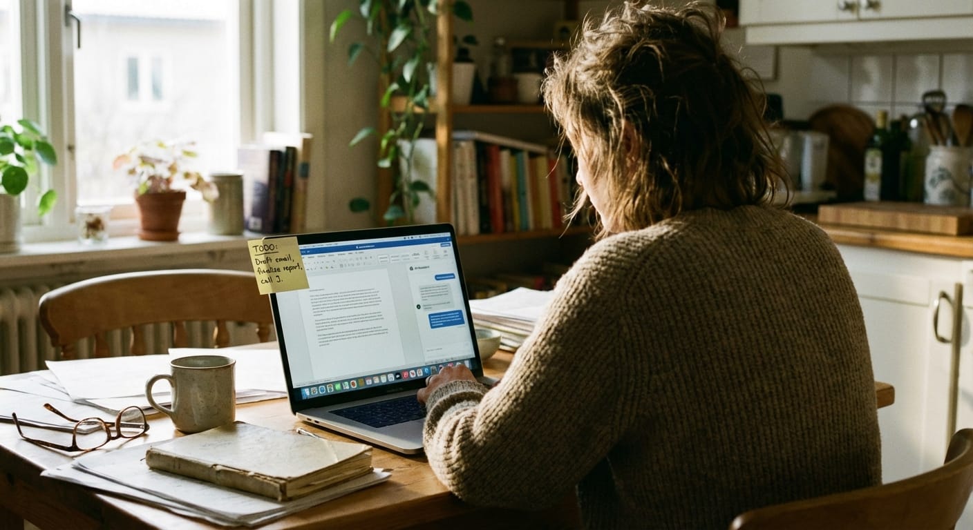 Person at laptop with task list beside an AI chat window and draft document