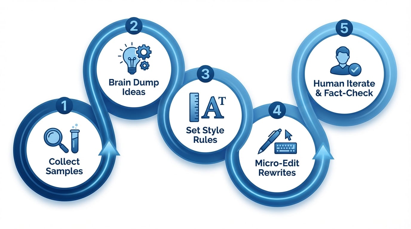 Infographic showing five-step process for training an AI to match writing voice