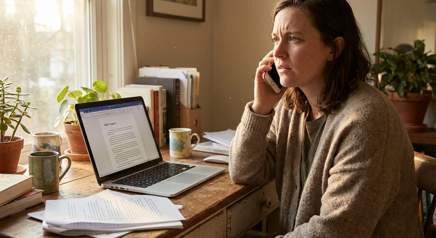 Person recording voice notes beside a laptop with a document draft open