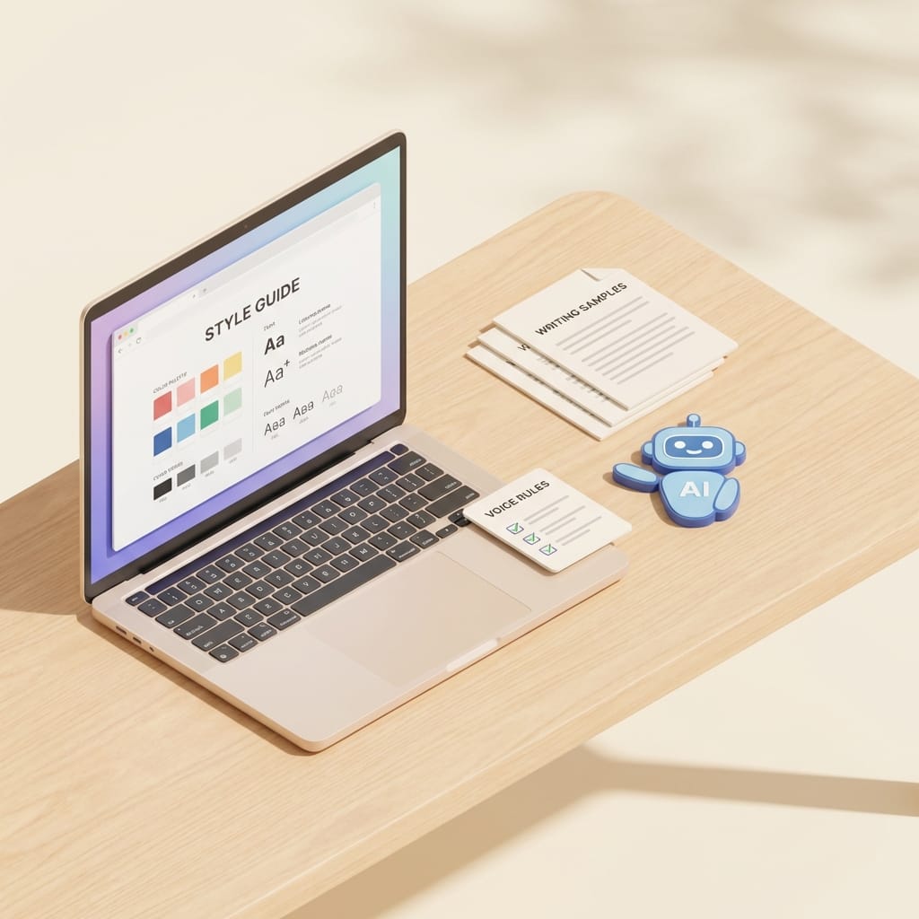 Isometric desk scene with laptop, style guide, writing samples stack, and checklist card