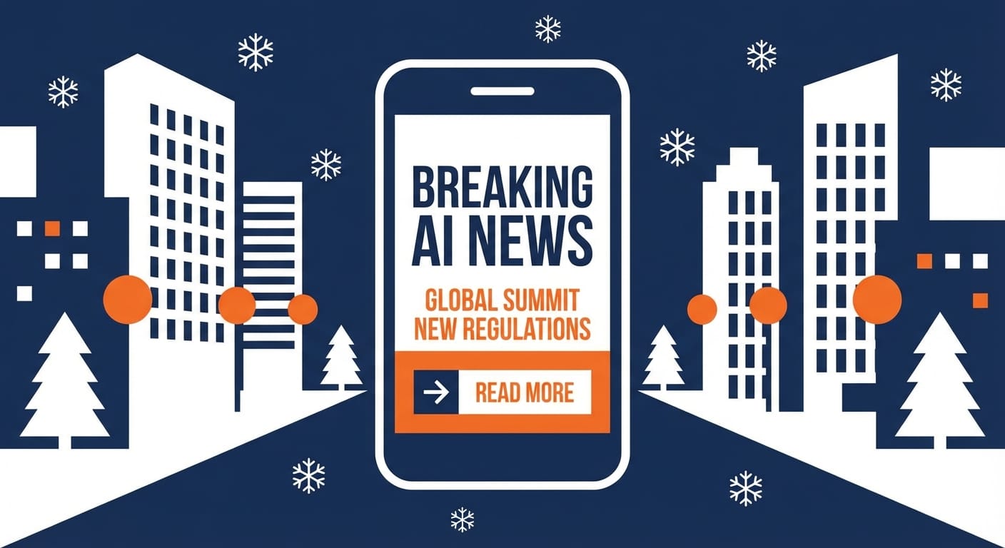 Person holding a phone with AI headline alerts over a snowy street background