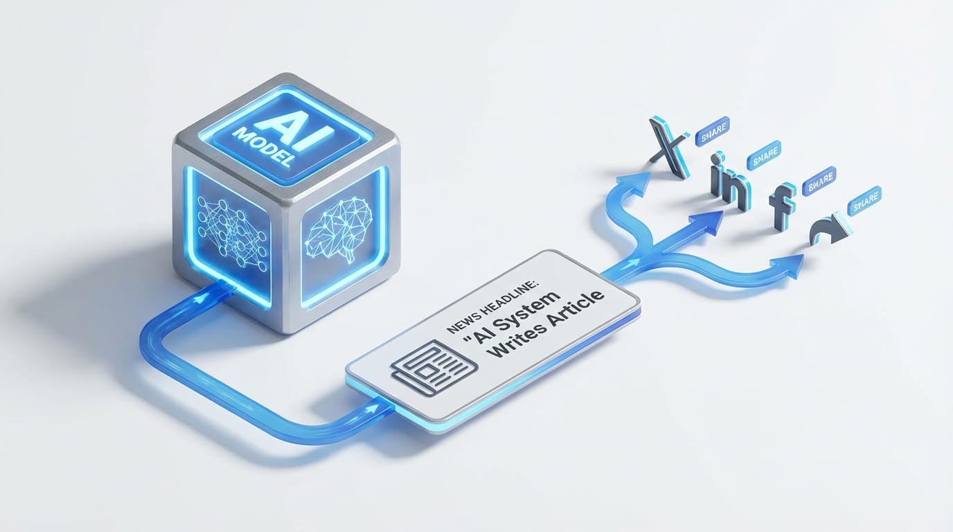 Isometric diagram showing AI output flowing into headlines and social media shares