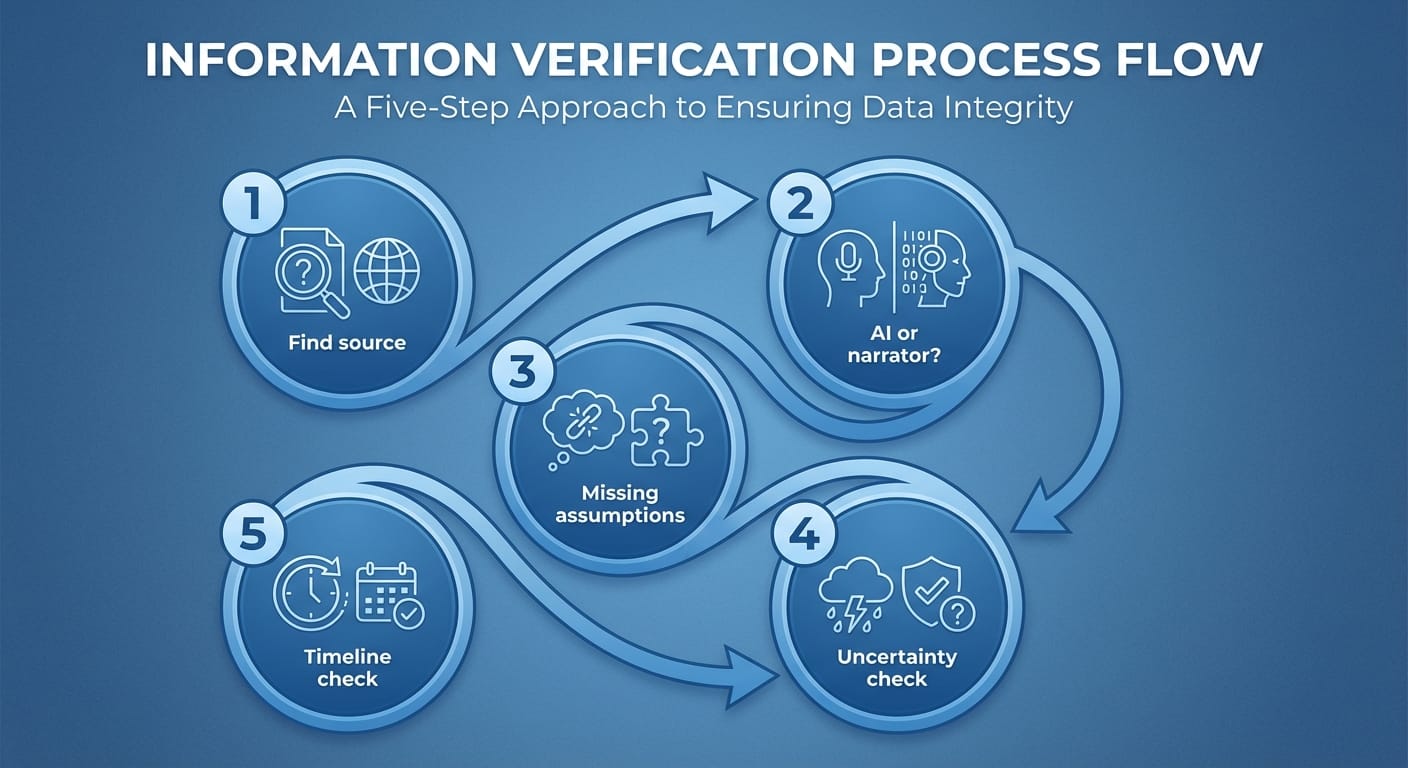 Infographic showing five steps to verify viral AI headlines with numbered icons