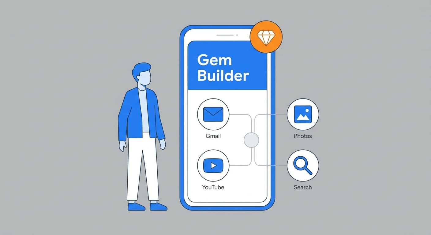 Person customizing a Gemini Gem with Gmail, Photos, YouTube, and Search icons connected