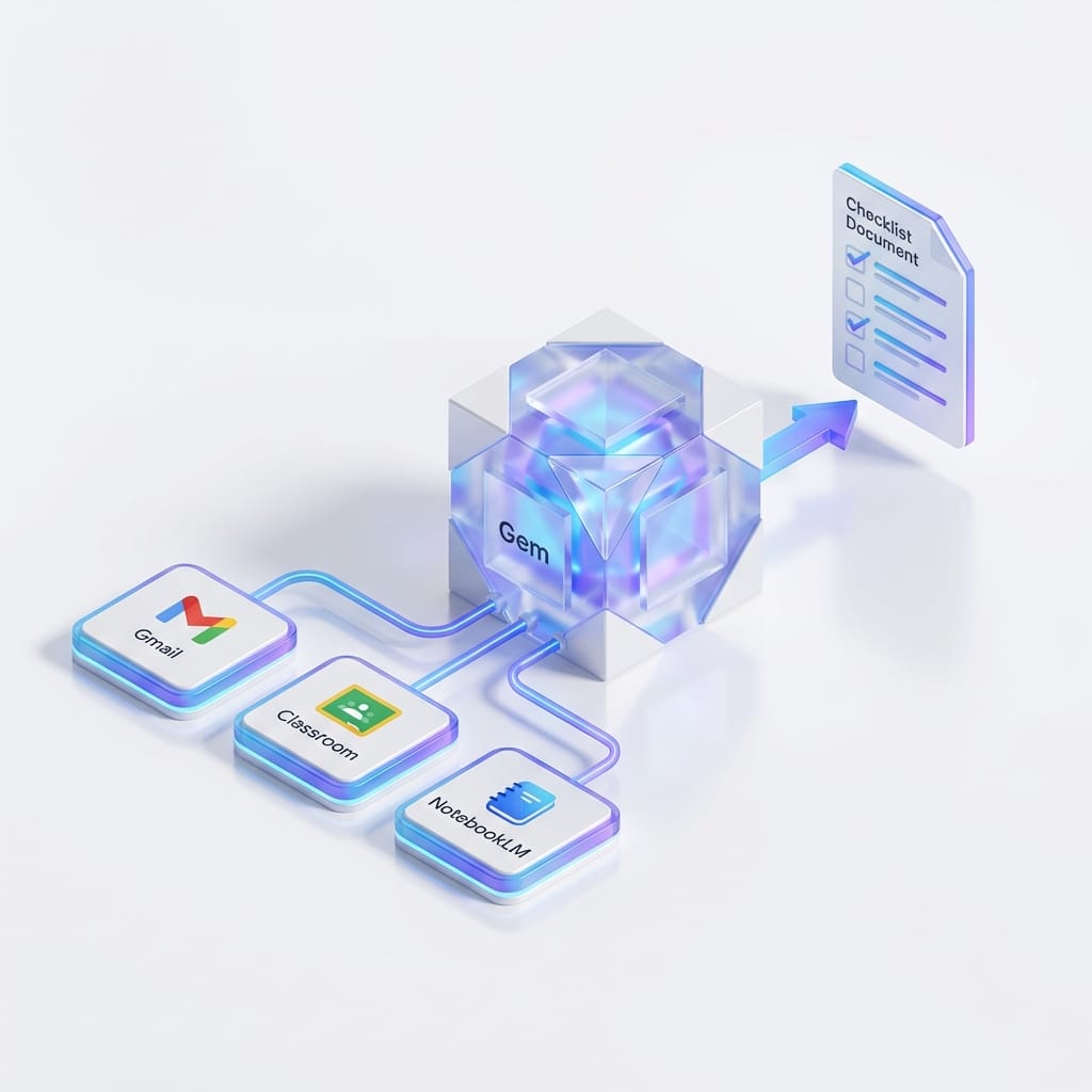 Isometric diagram of Gmail, Classroom, and NotebookLM feeding context into a Gemini Gem