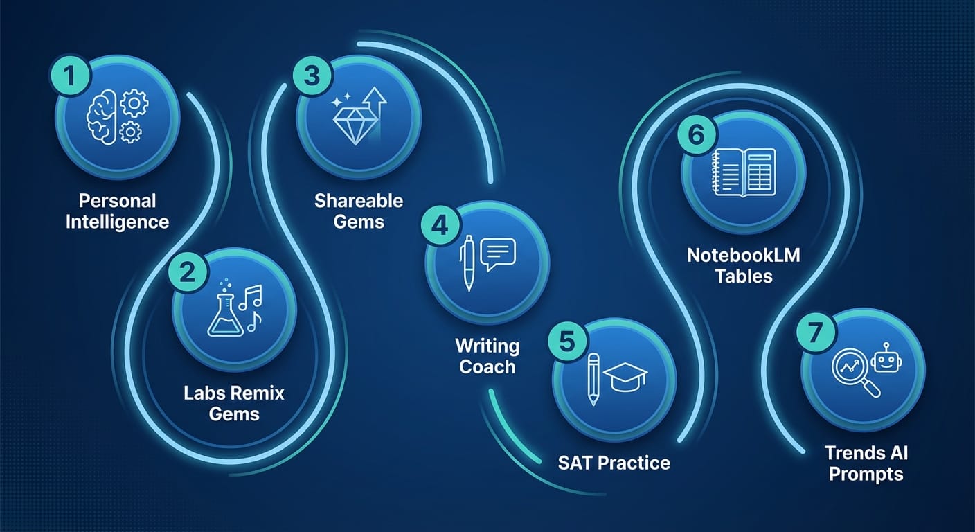Infographic showing seven Gemini Gems updates in numbered circles with icons