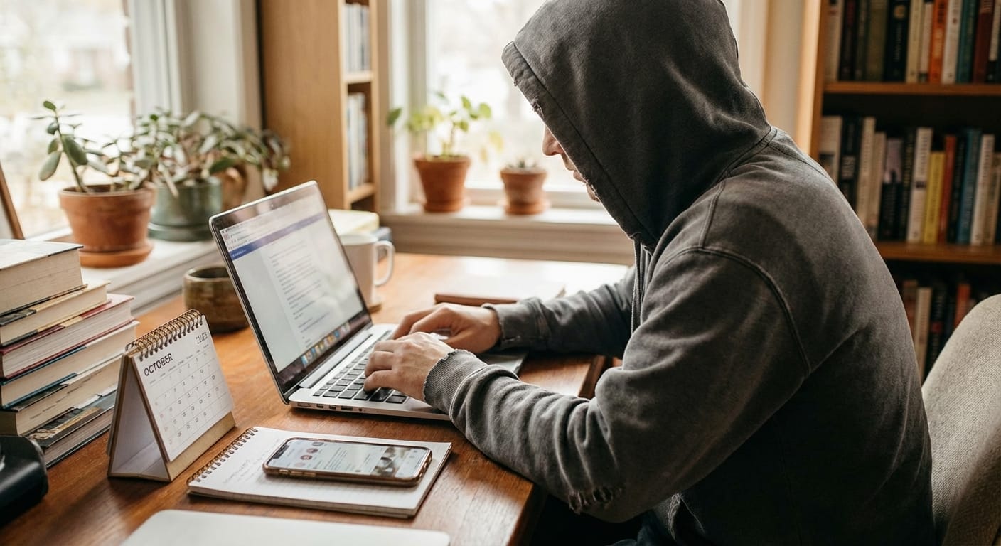 Person typing on laptop beside notepad calendar and phone with promo drafts.