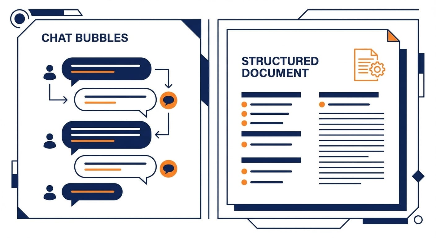 Illustration comparing chat bubbles versus a structured document canvas with headings