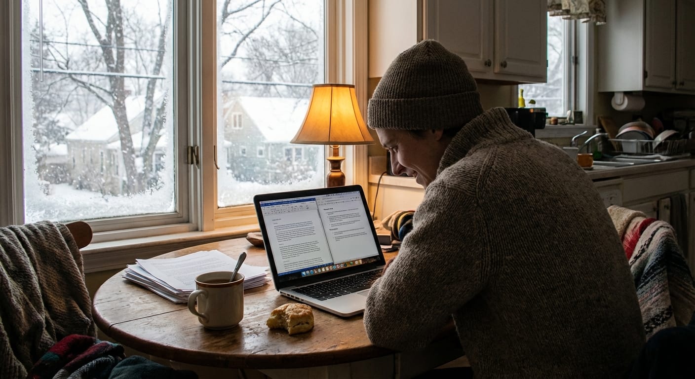 Person editing a document beside an AI panel on a laptop at home