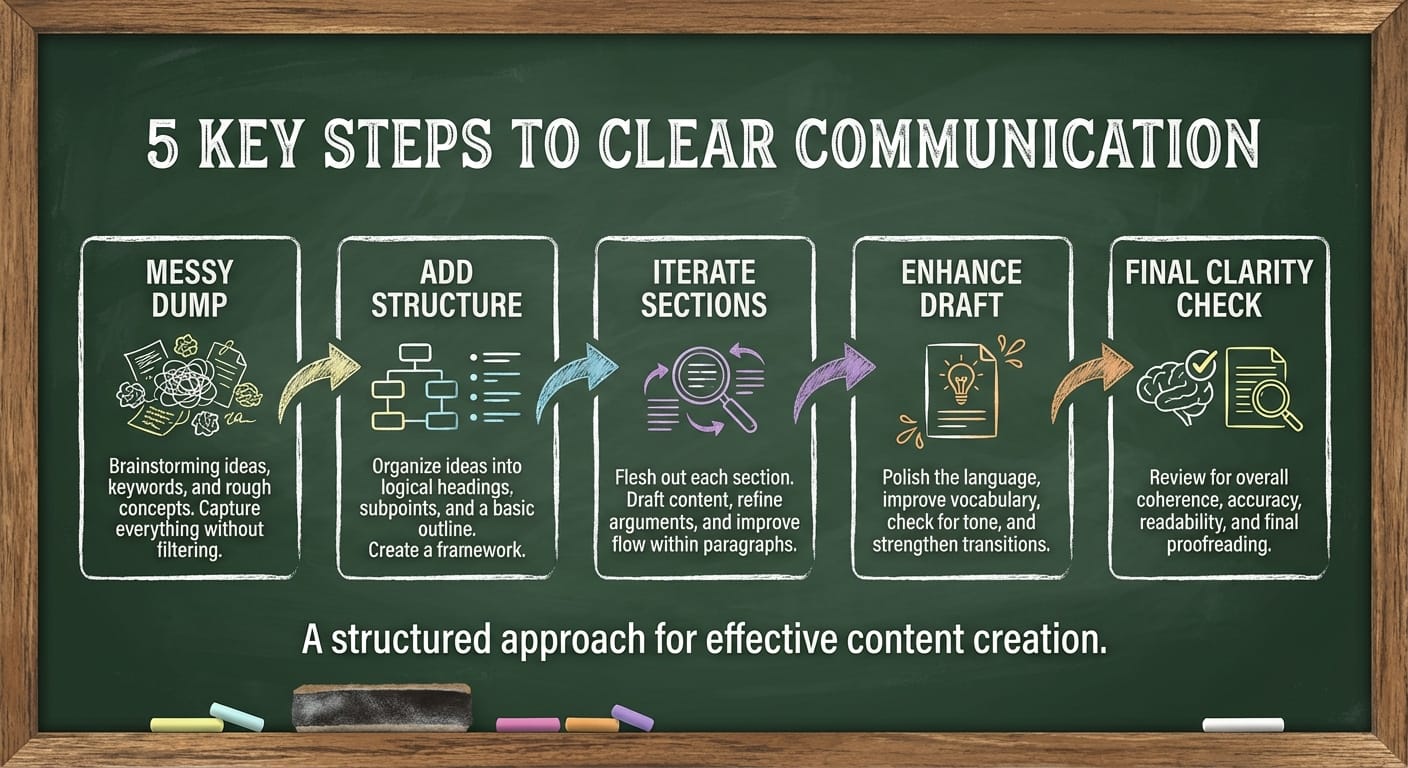 Infographic showing five steps for using Claude Canvas from notes to final draft