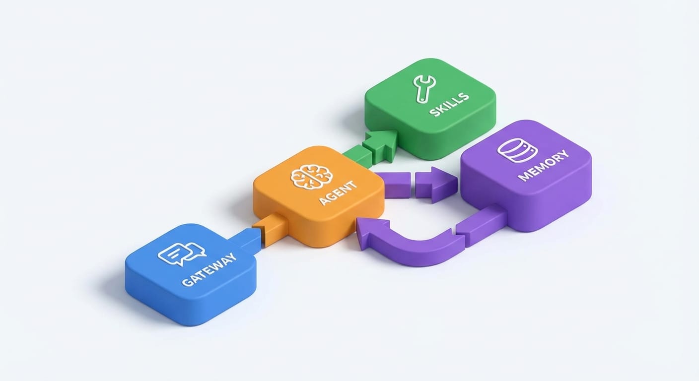Isometric diagram with four connected blocks labeled gateway, agent, skills, and memory