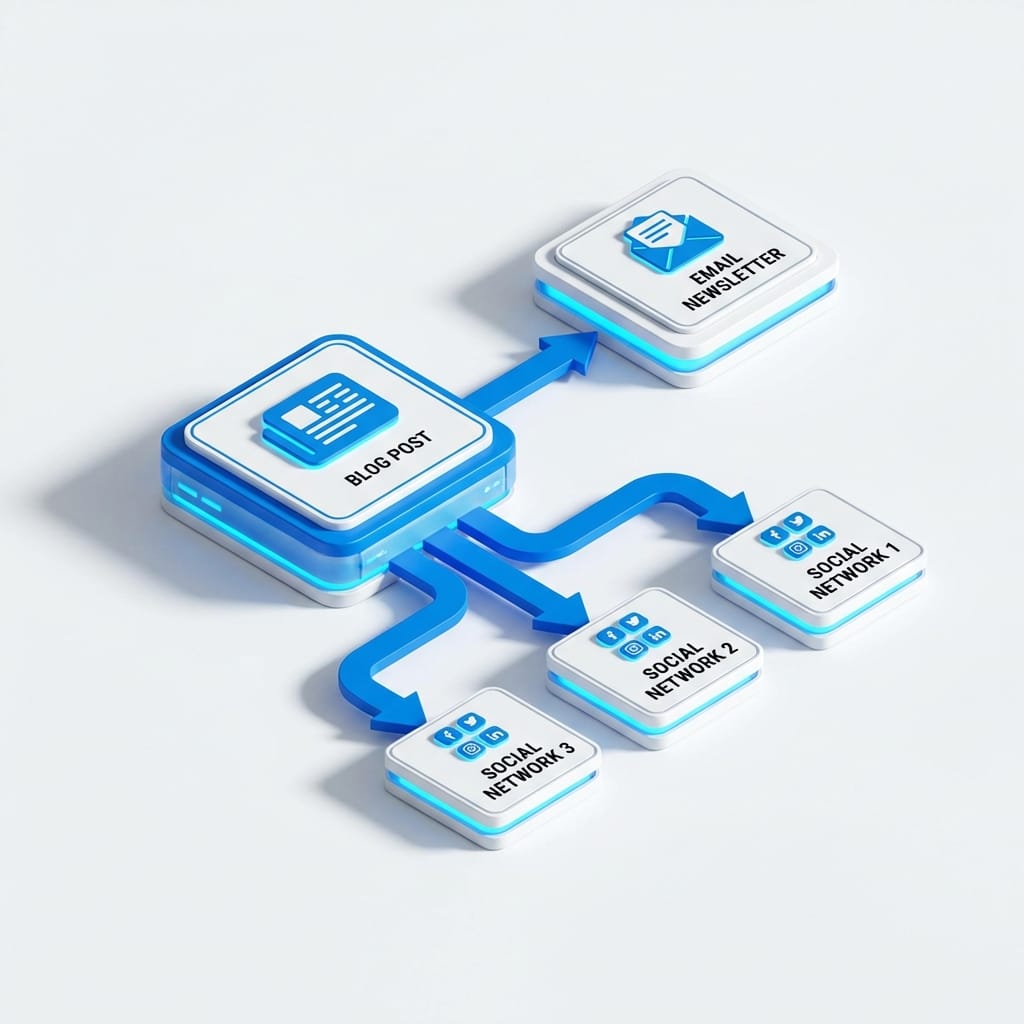 Isometric diagram showing one post flowing to newsletter and social channels