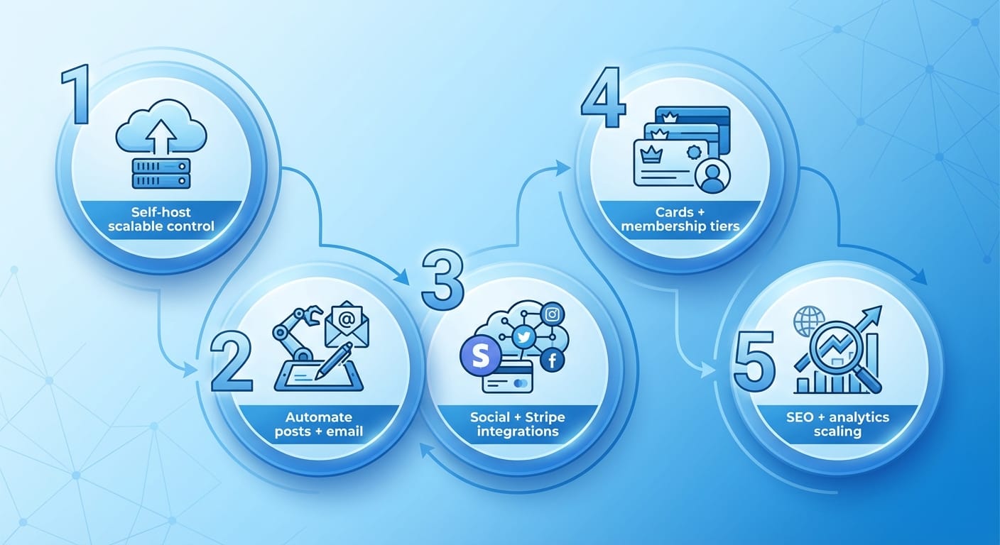 Infographic showing five numbered Ghost CMS tactics for better blogging