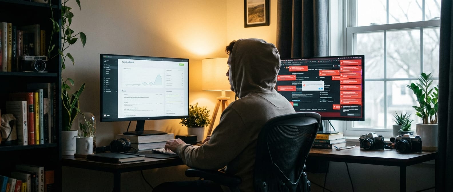 Creator comparing Ghost dashboard and a cluttered plugin-heavy website on dual monitors