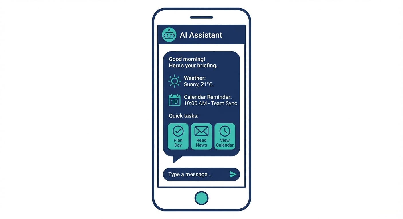 Messaging app chat screen with an AI assistant sending reminders and briefings