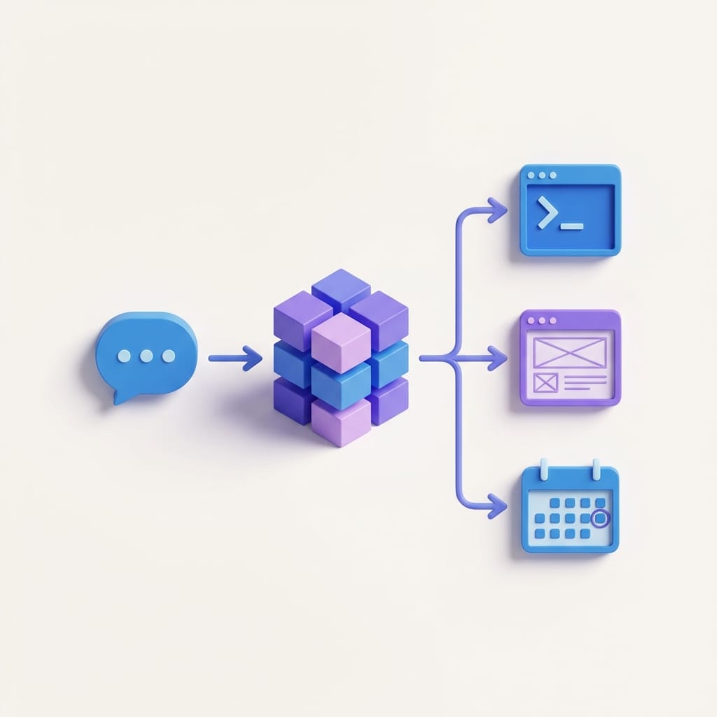 Flow diagram showing message input, memory store, and automated tasks running on a computer