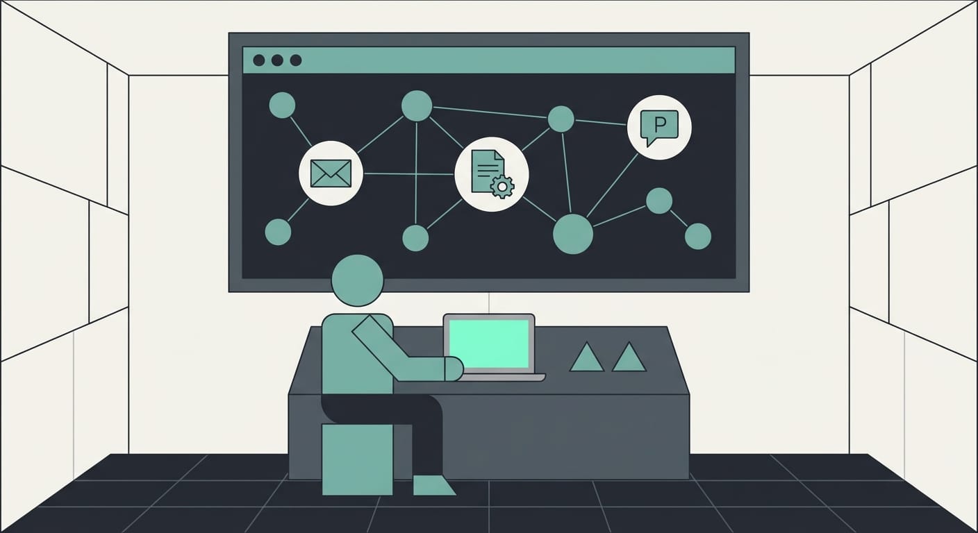 A marketer monitoring an AI dashboard with connected app icons and workflow nodes