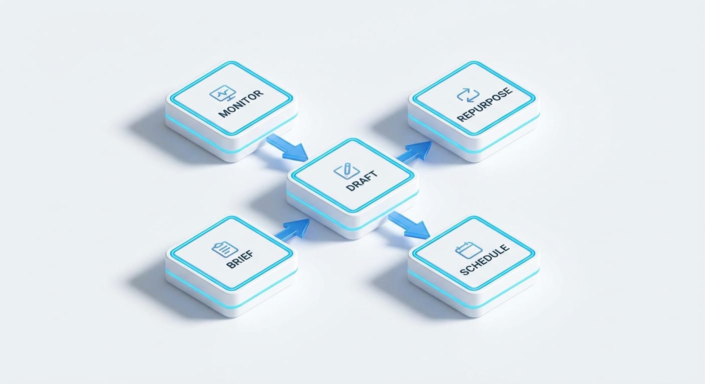 Simple flow diagram showing content pipeline from monitoring to scheduling with arrows