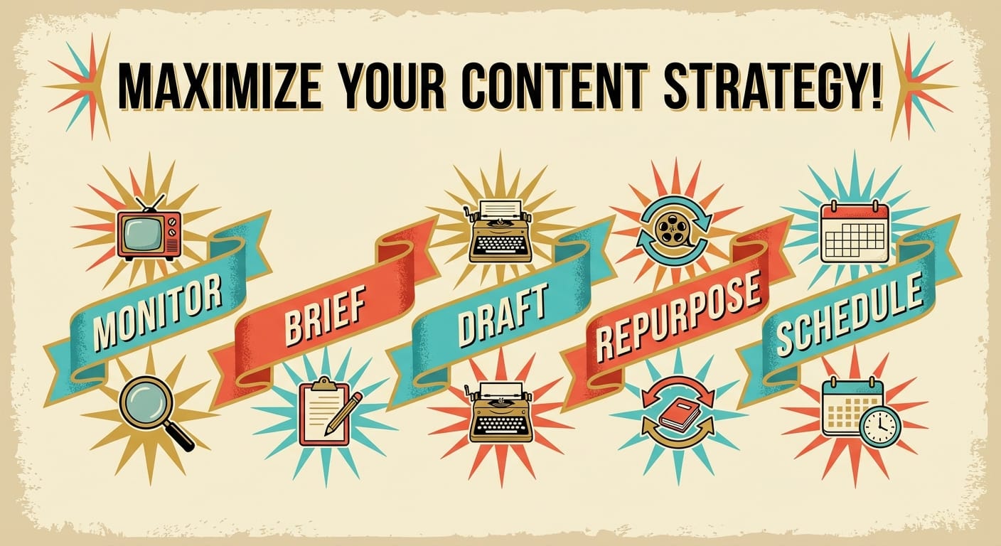 Infographic showing five agentic workflow steps with retro banners and simple icons