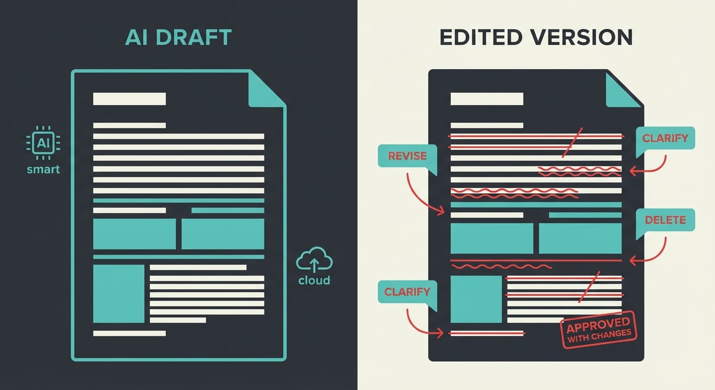 Split-screen view of a generic AI draft on the left and a marked-up edited version on the right