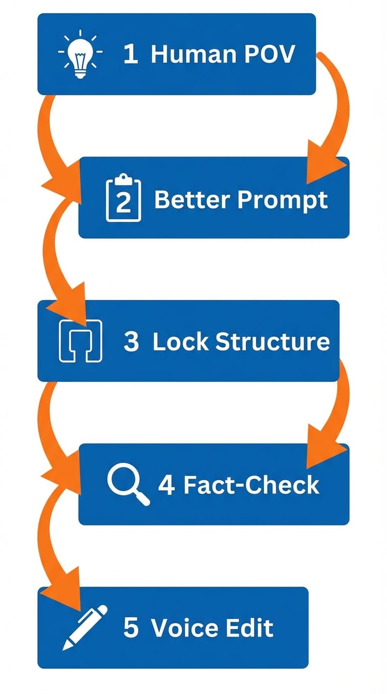 Infographic flowchart showing five steps for producing AI-generated content with icons and arrows