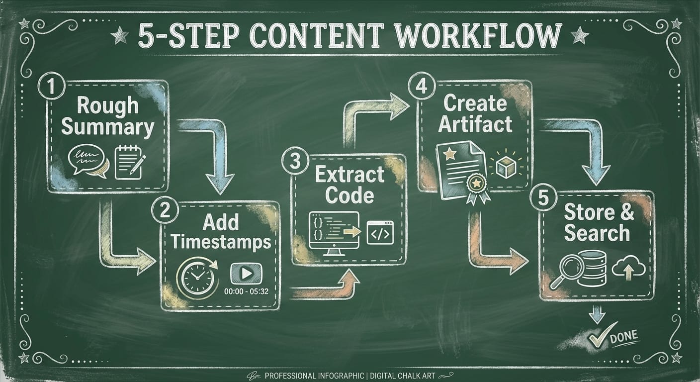 Infographic showing five-step YouTube summarization workflow with arrows and labeled boxes