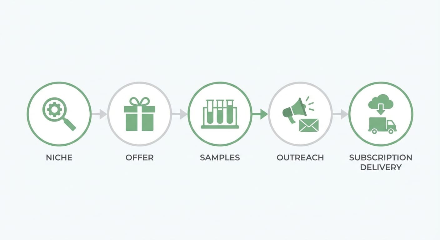 Workflow diagram with five steps from niche selection to subscription delivery