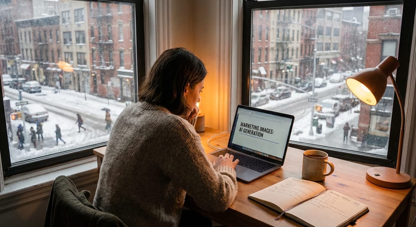 Person using laptop to generate AI images while snow falls outside window