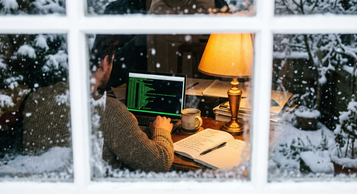 Snowy home office desk with laptop terminal logs, checklist notebook, and warm lamp light