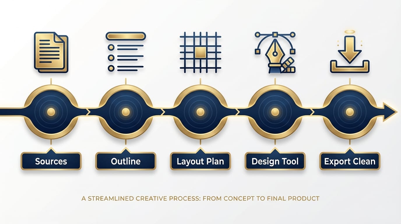 Infographic showing five phases from sources to clean export in a horizontal timeline.