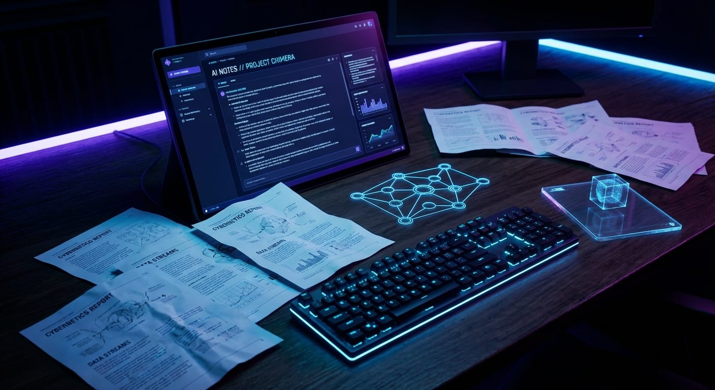 NotebookLM-style notes beside source PDFs and a simple infographic wireframe on a laptop.
