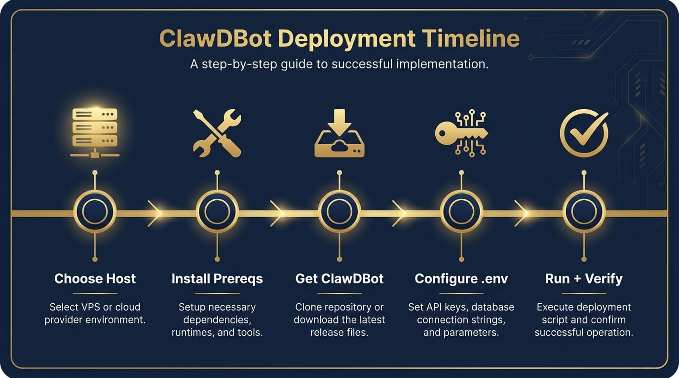 Infographic showing five ClawDBot installation phases in a left-to-right timeline