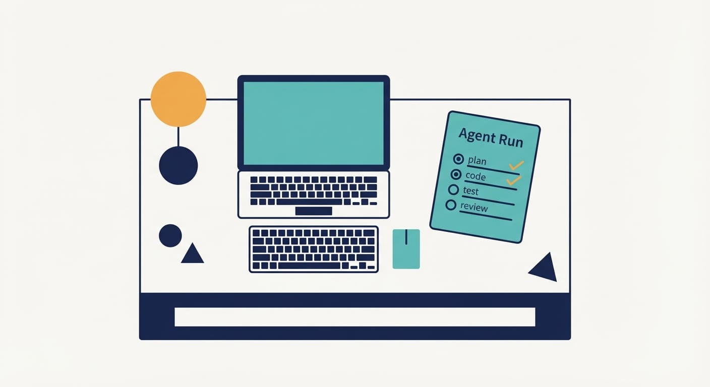 Developer desk illustration with laptop, checklist, and simple icons for plan and testing