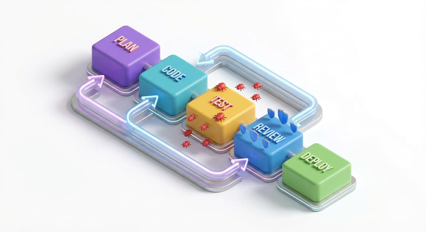 Isometric diagram of development loop with blocks for plan, code, test, review, deploy