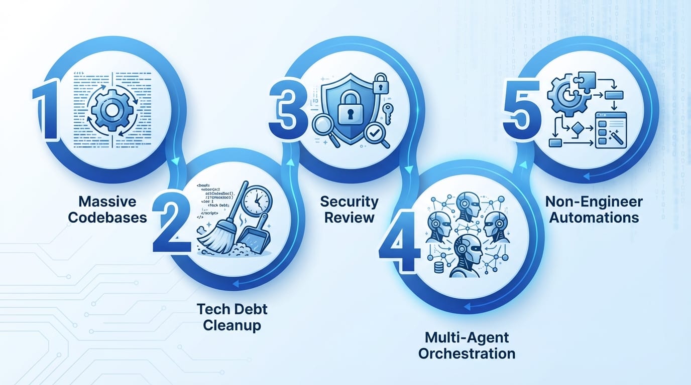 Infographic with five numbered circles listing Claude Code agent use cases