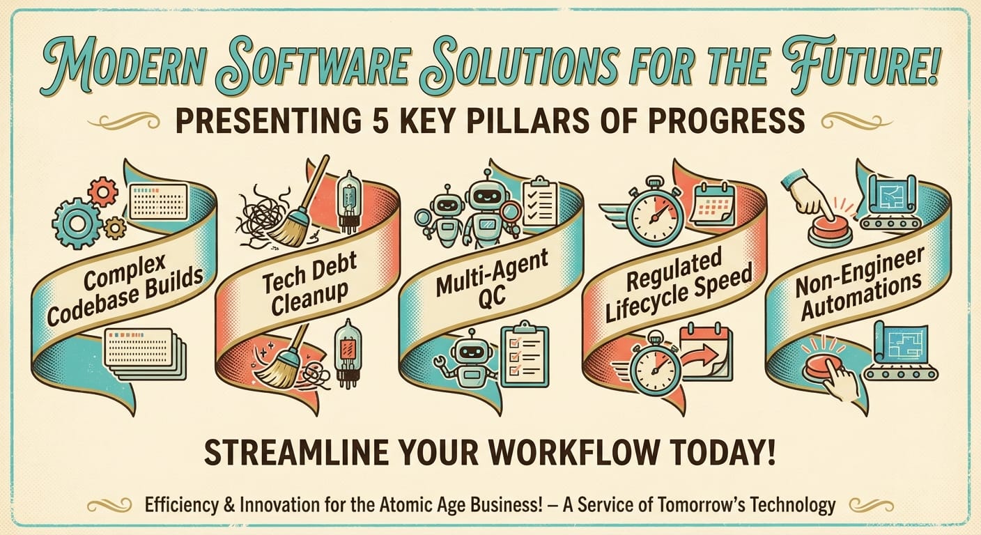 Infographic showing five Claude Code agent use cases in retro ribbon banners