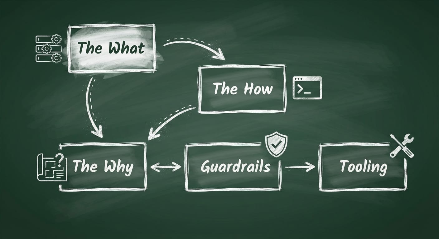 Infographic showing five CLAUDE.md sections in chalk boxes connected by arrows