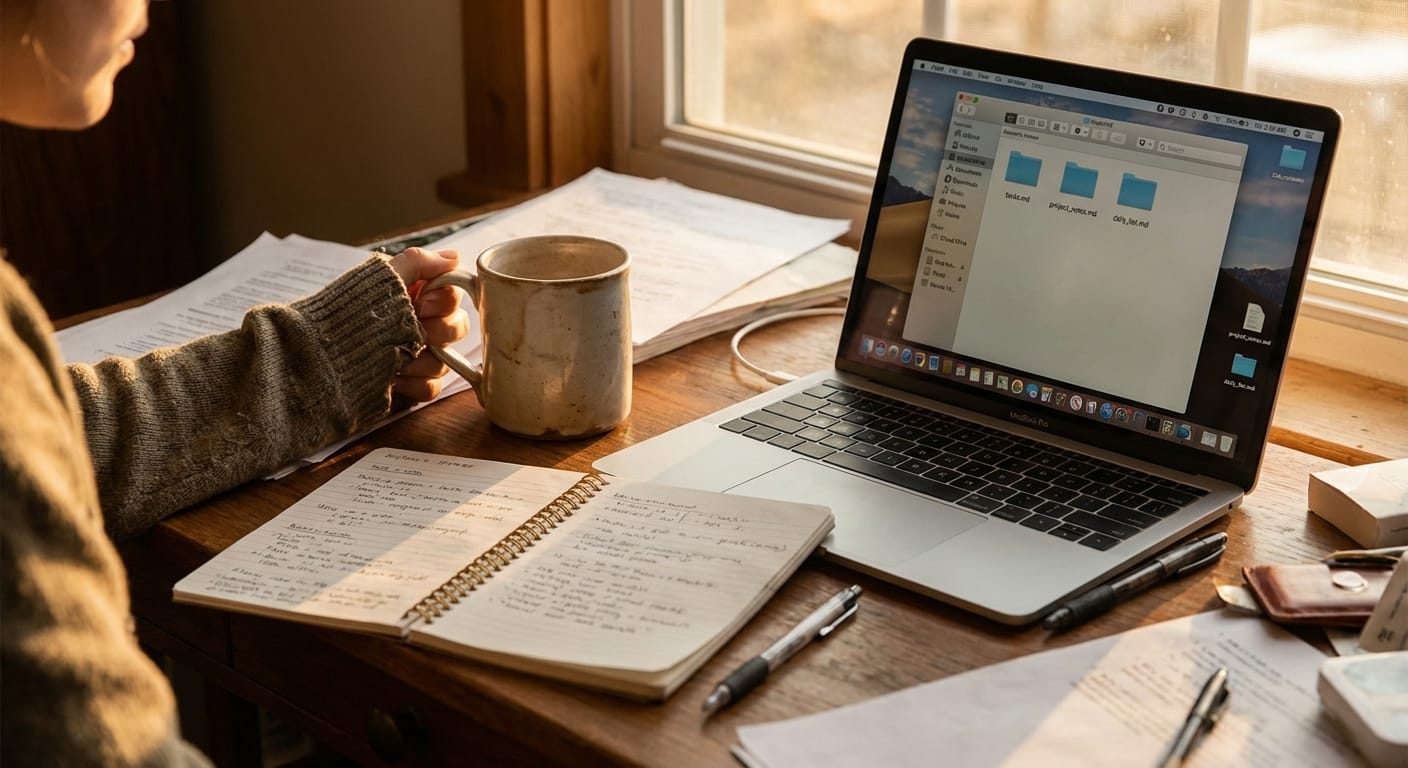 Desk with laptop showing markdown task files beside notebook and coffee mug